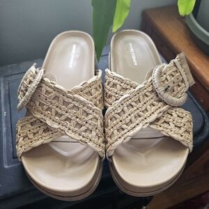 Marc Fisher Natural Raffia Buckle Slide Sandals